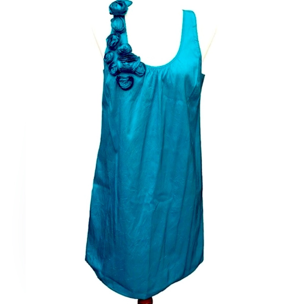 Calypso St. Barth Silk Teal Green Mini Shift Dress Floral Appliqué Shoulder L